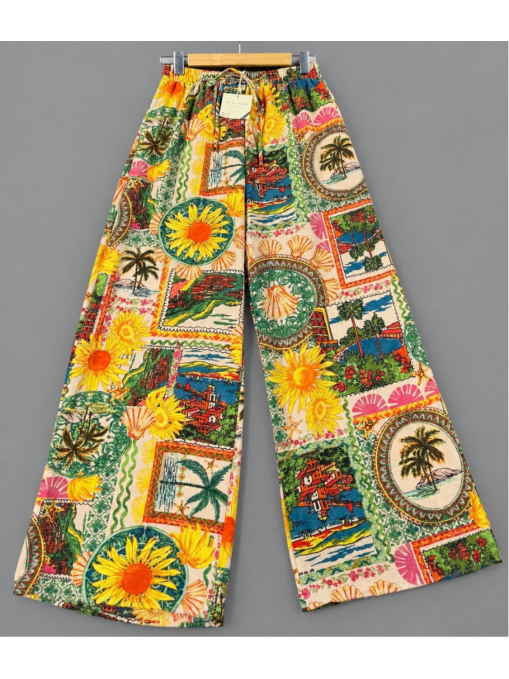 See You Monday Wide Leg Pants L Postcard Tropical Sunflower Patchwork Palazzo